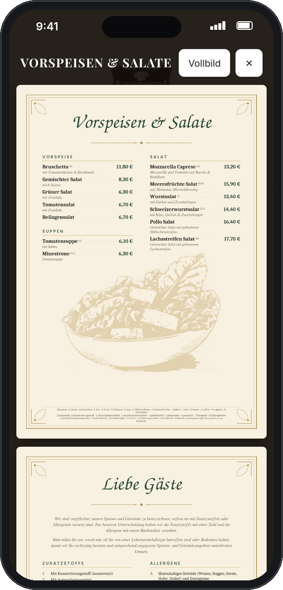 Geöffnete Speisekarte „Vorspeisen & Salate“ von Heuschober auf dem Handy