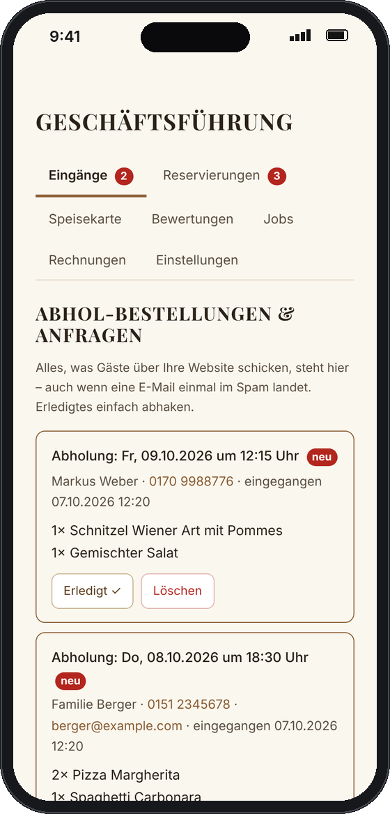 Team-Bereich von Heuschober mit neuen Abhol-Bestellungen