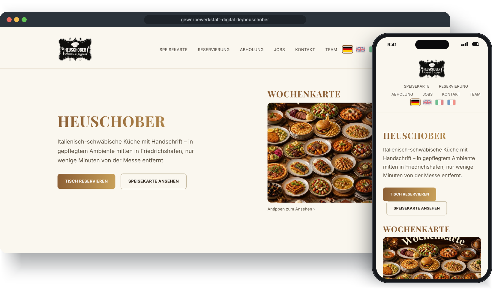 Der Auftritt von Ristorante Heuschober auf Computer und Handy: Startseite mit Logo, Wochenkarte und Knöpfen zum Reservieren
